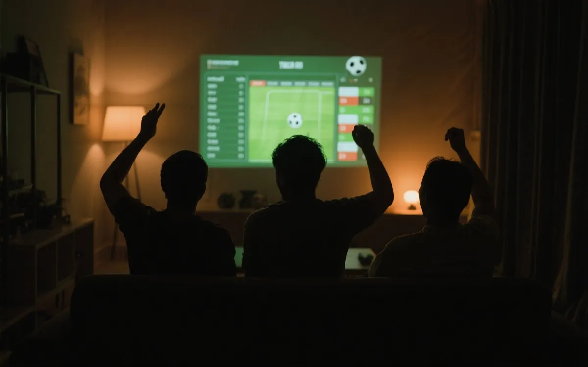 夜晚客厅里观看足球比赛的球迷剪影，屏幕上是赛程与积分榜